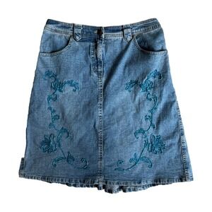 Womens Denim Midi Skirt Size 8 Embroidered‎ Floral A-Line Boho Cottagecore